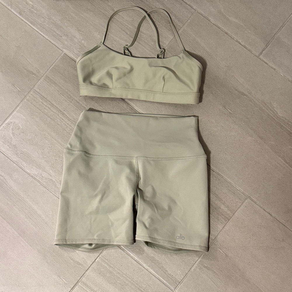 ALO Yoga Sage Green Bra and Shorts Set